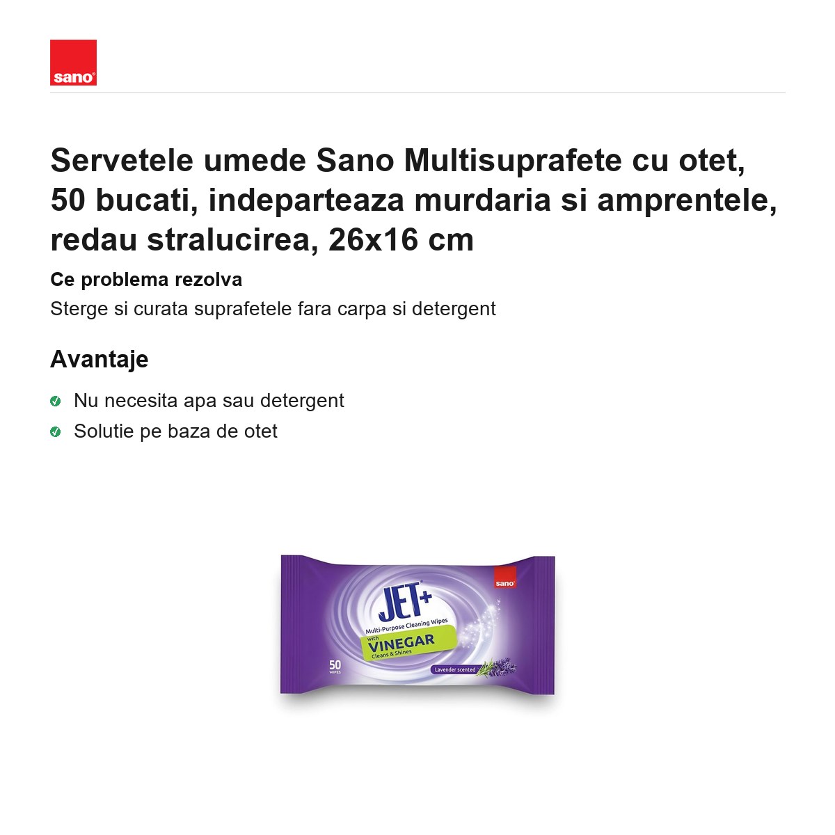Servetele umede Sano Multisuprafete cu otet, 50 bucati, indeparteaza murdaria si amprentele, redau stralucirea, 26x16 cm [1]