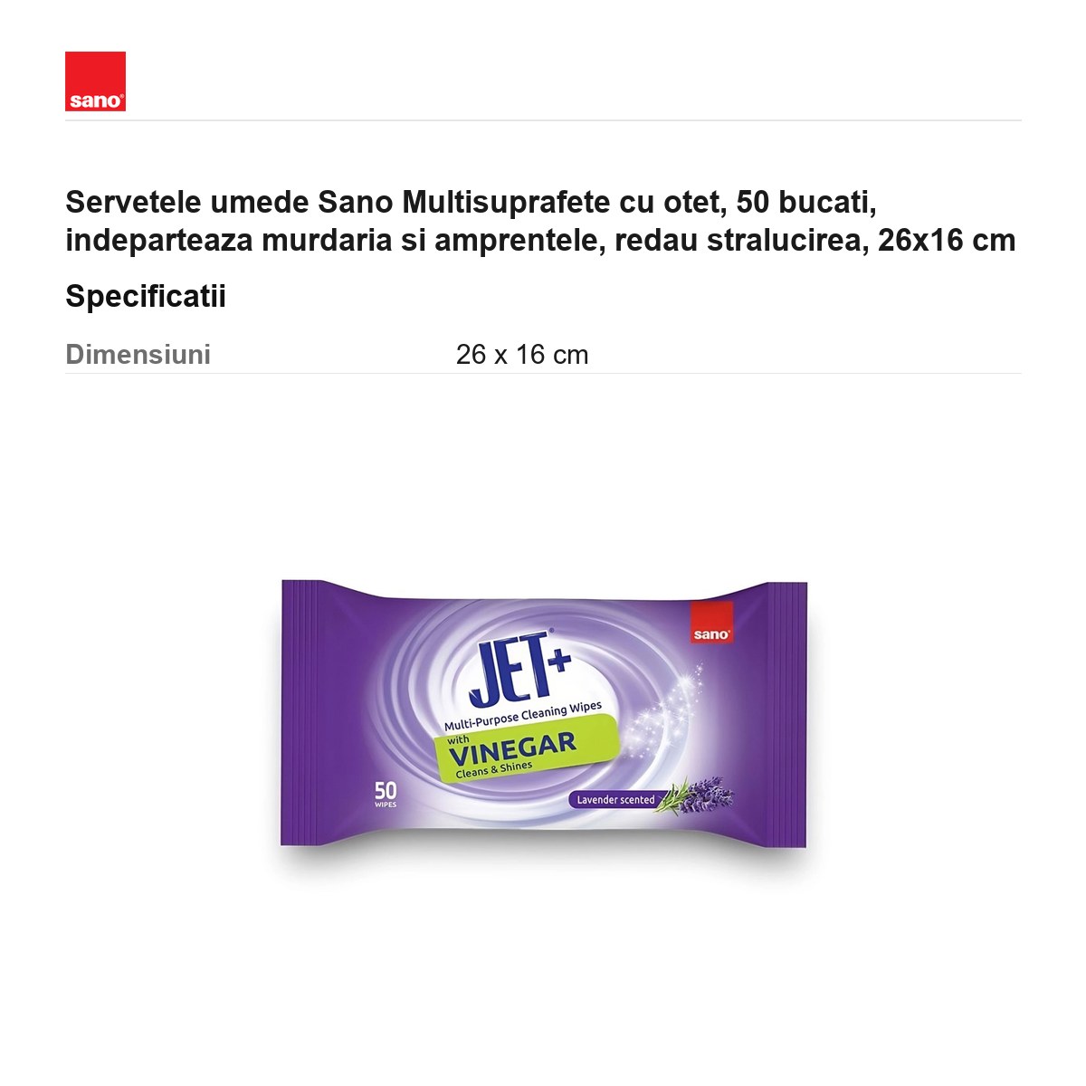 Servetele umede Sano Multisuprafete cu otet, 50 bucati, indeparteaza murdaria si amprentele, redau stralucirea, 26x16 cm [2]