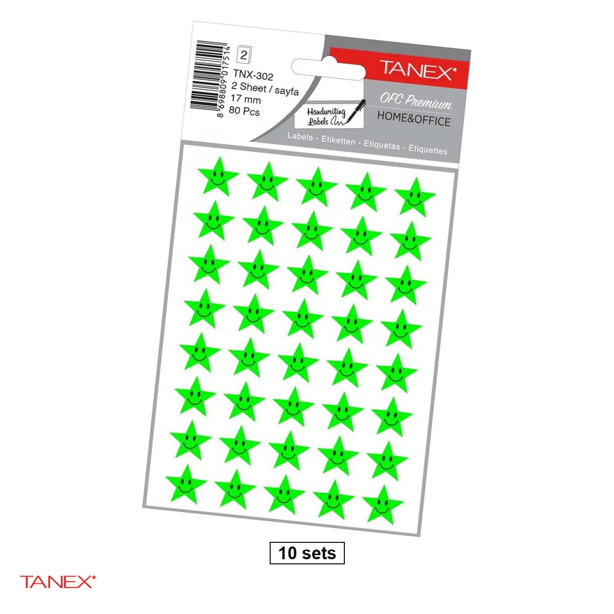 Stickere - Set 10 pachete cu cate 80 stickere TANEX Smiley Stars, TNX-302, verde