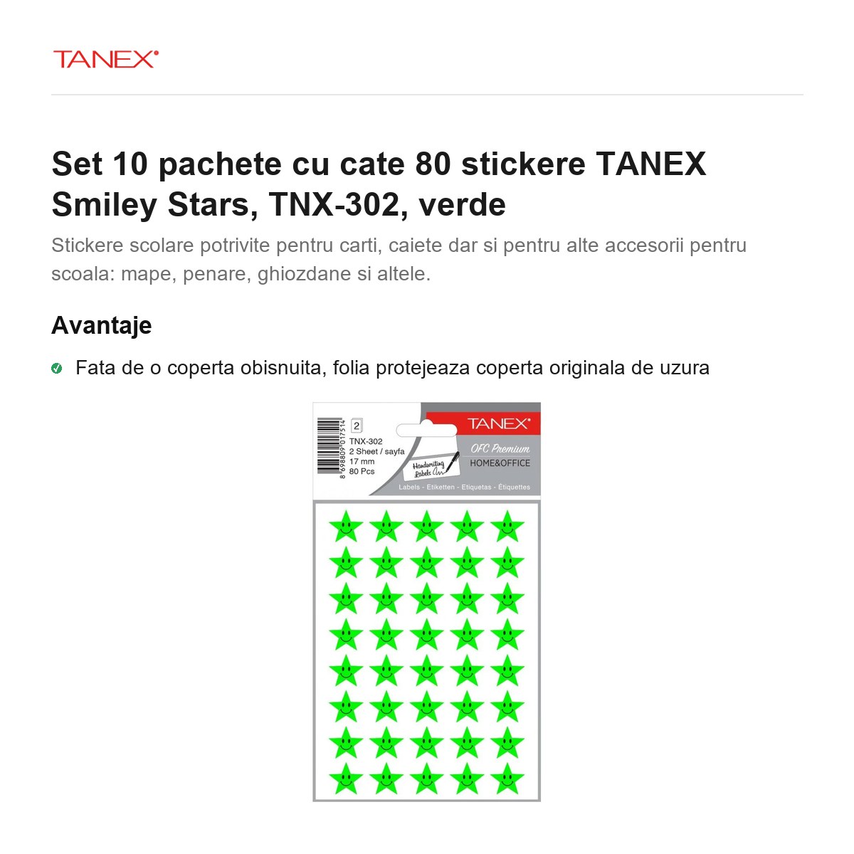 Set 10 pachete cu cate 80 stickere TANEX Smiley Stars, TNX-302, verde [1]