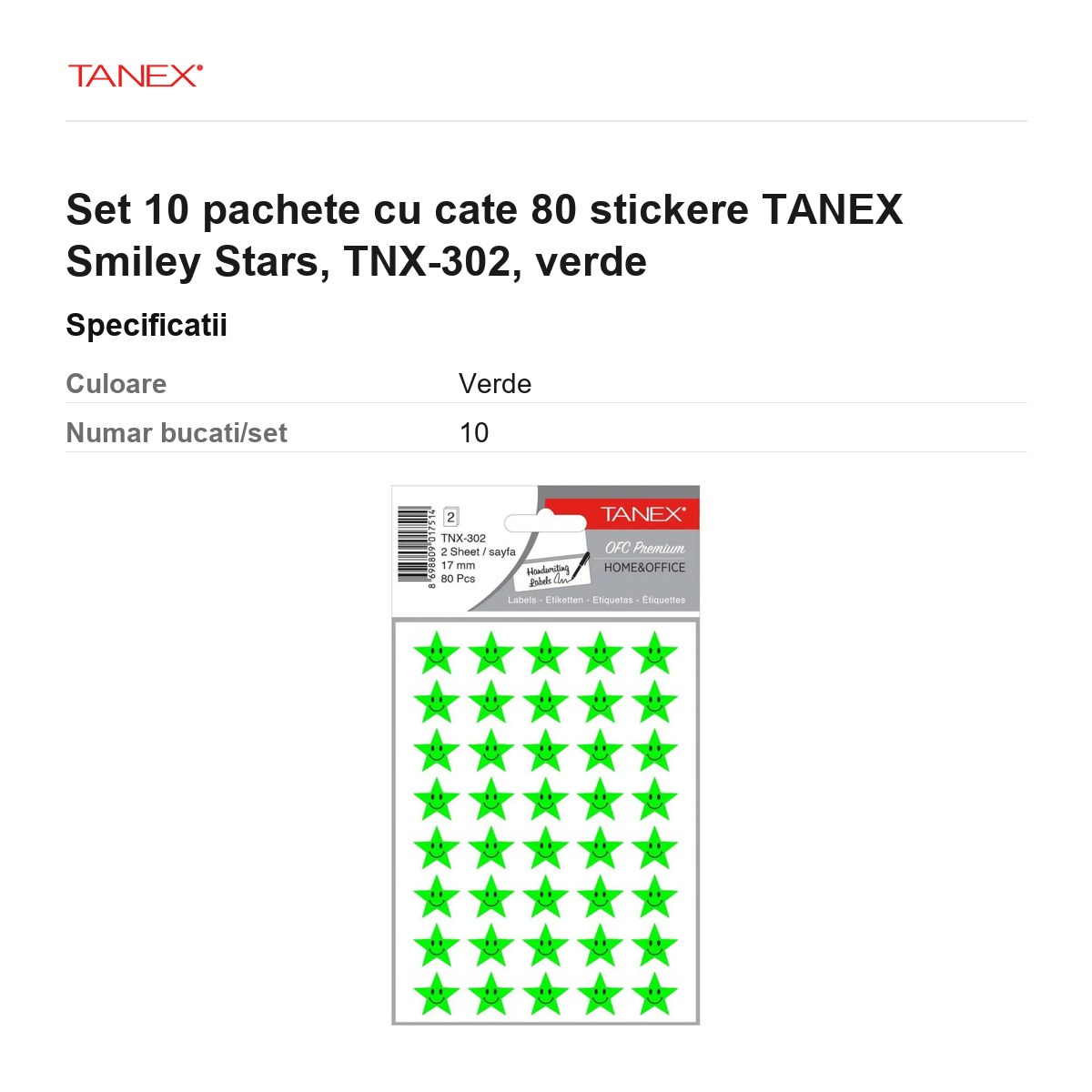 Set 10 pachete cu cate 80 stickere TANEX Smiley Stars, TNX-302, verde [2]