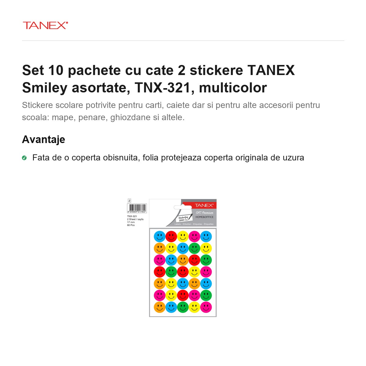 Set 10 pachete cu cate 2 stickere TANEX Smiley asortate, TNX-321, multicolor [1]
