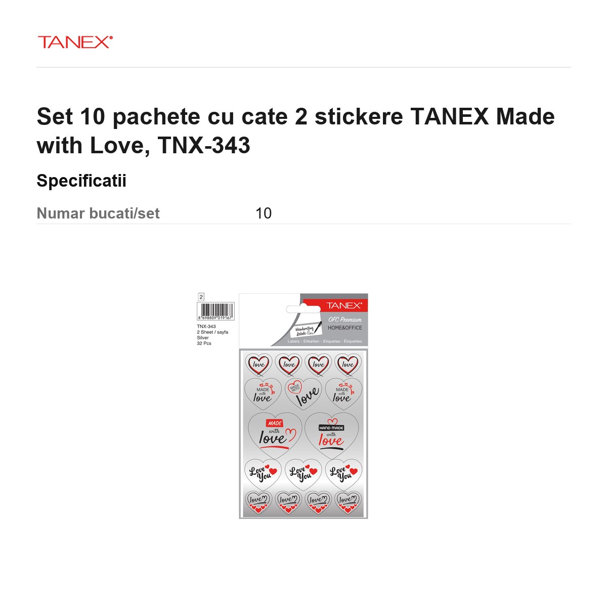 Set 10 pachete cu cate 2 stickere TANEX Made with Love, TNX-343 [2]
