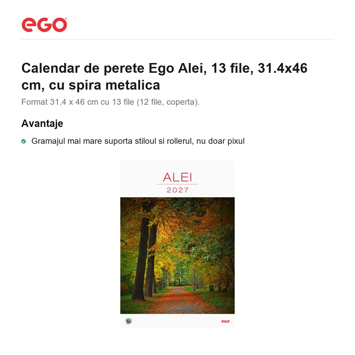 Calendar de perete Ego Alei, 13 file, 31.4x46 cm, cu spira metalica [1]