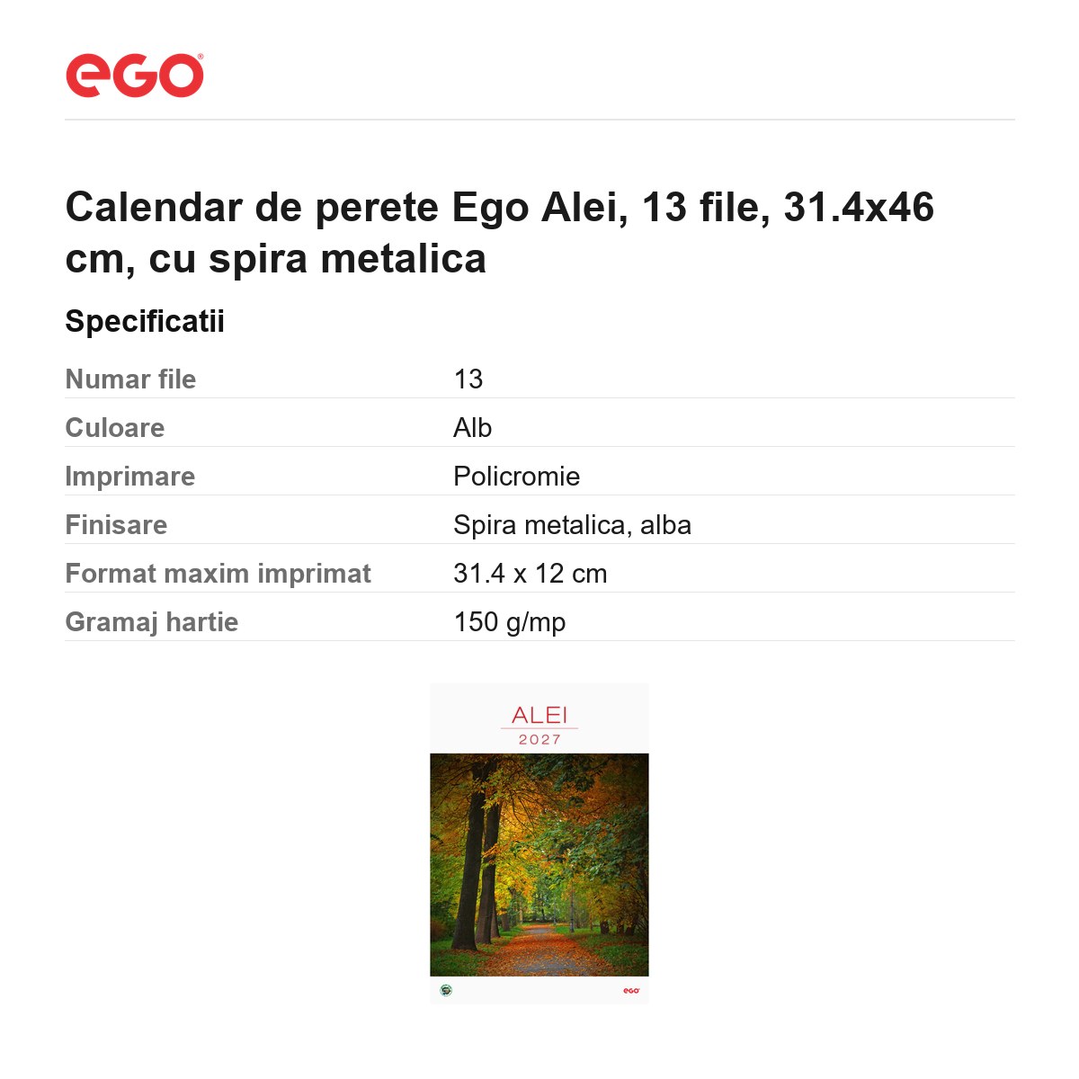 Calendar de perete Ego Alei, 13 file, 31.4x46 cm, cu spira metalica [2]
