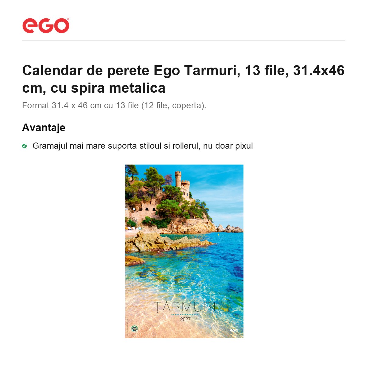 Calendar de perete Ego Tarmuri, 13 file, 31.4x46 cm, cu spira metalica [1]