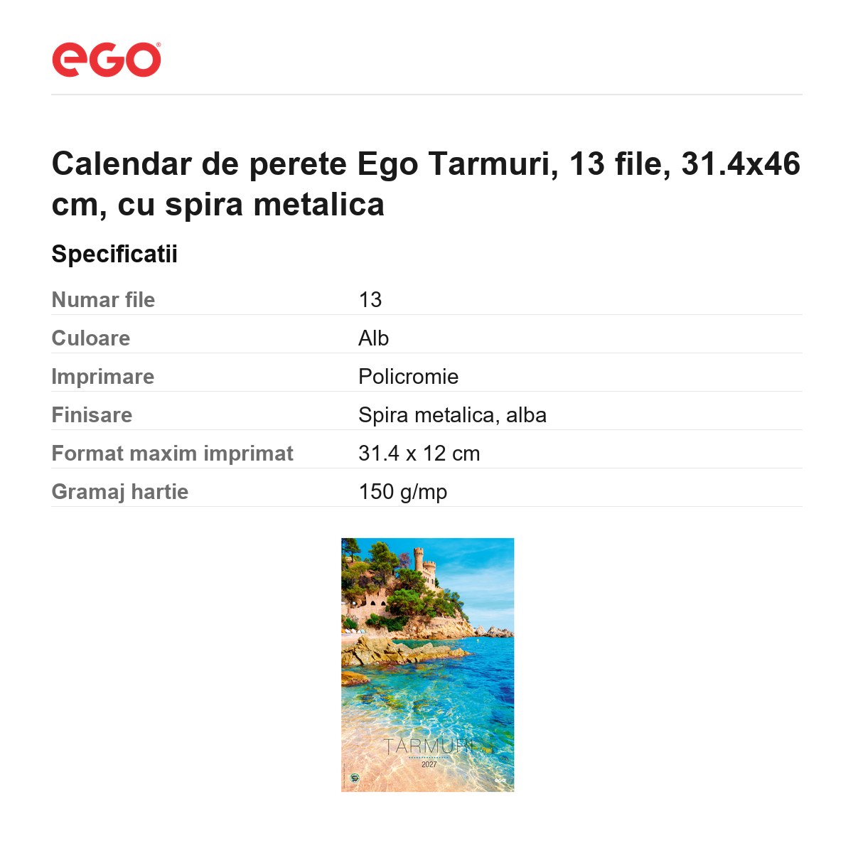 Calendar de perete Ego Tarmuri, 13 file, 31.4x46 cm, cu spira metalica [2]