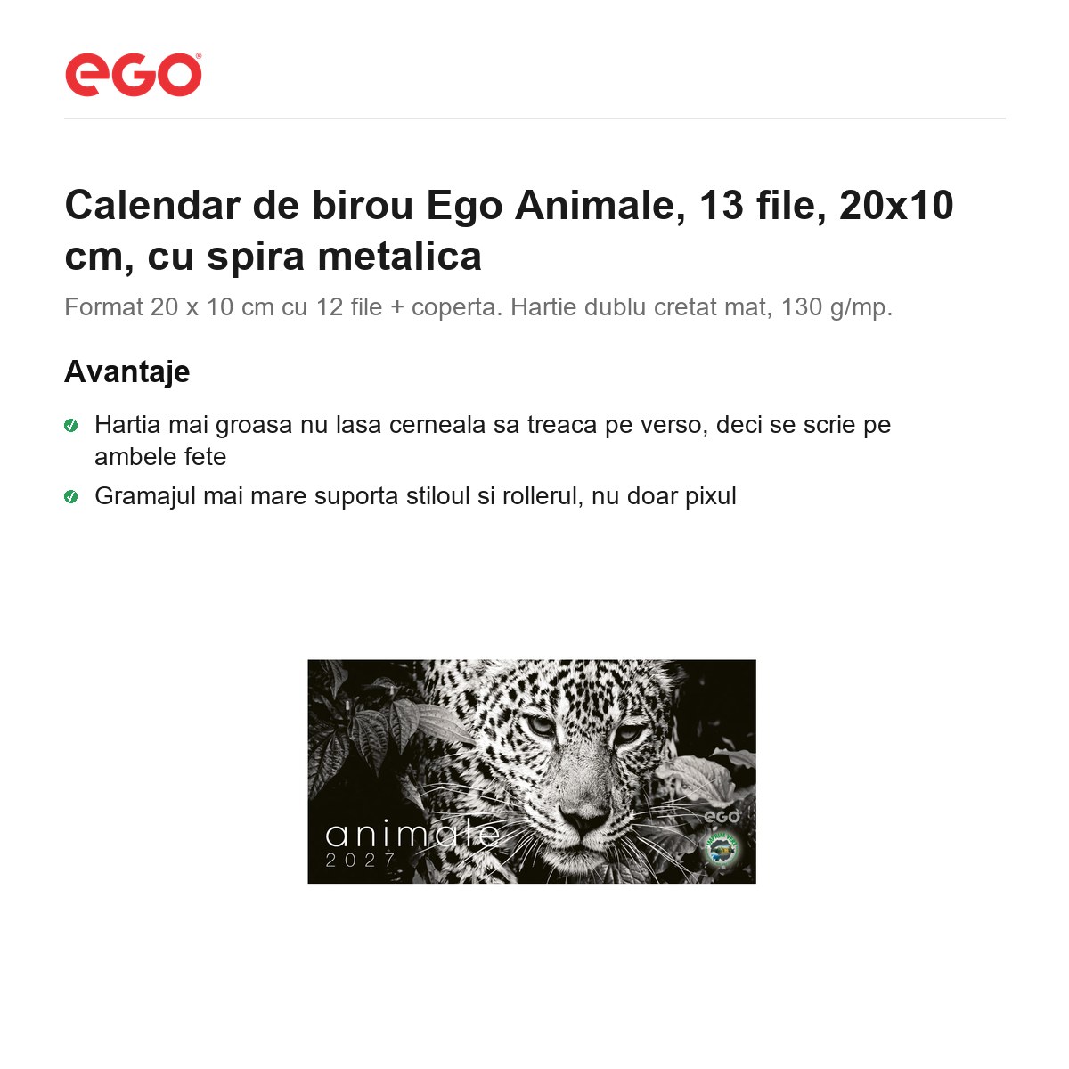 Calendar de birou Ego Animale, 13 file, 20x10 cm, cu spira metalica [1]