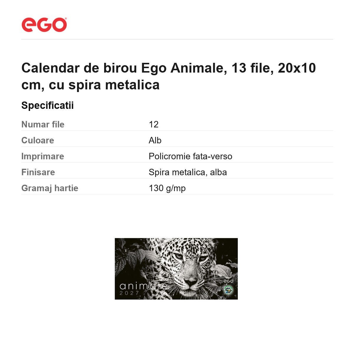Calendar de birou Ego Animale, 13 file, 20x10 cm, cu spira metalica [2]
