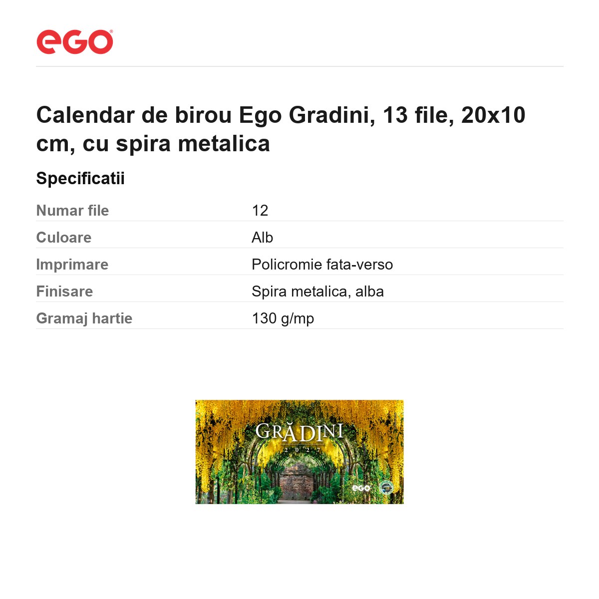 Calendar de birou Ego Gradini, 13 file, 20x10 cm, cu spira metalica [2]