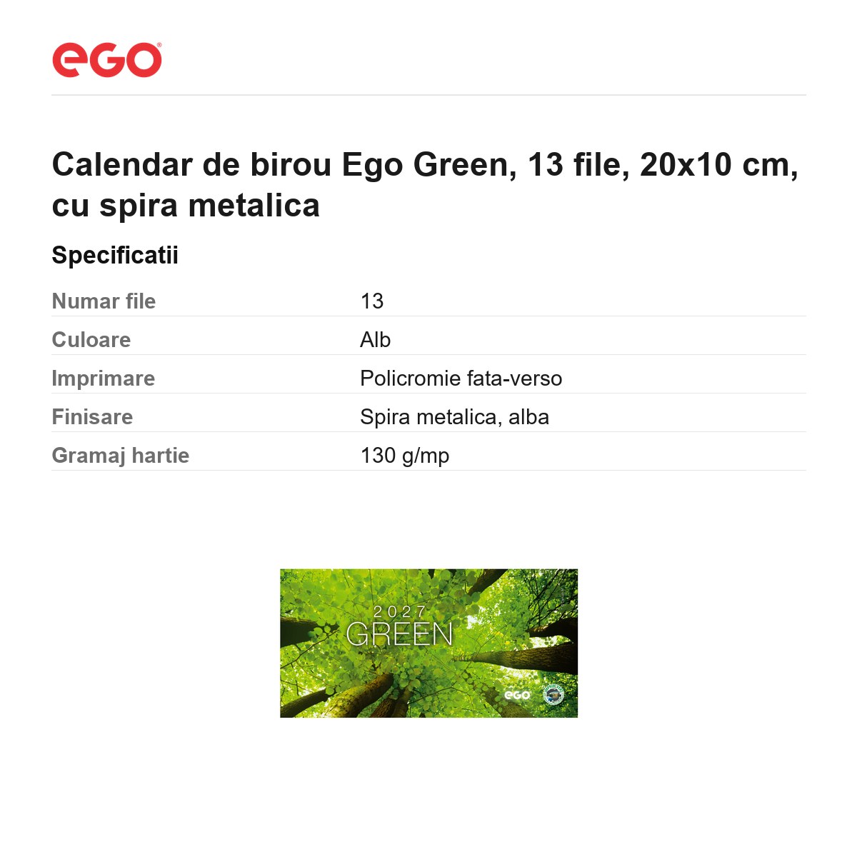 Calendar de birou Ego Green, 13 file, 20x10 cm, cu spira metalica [2]