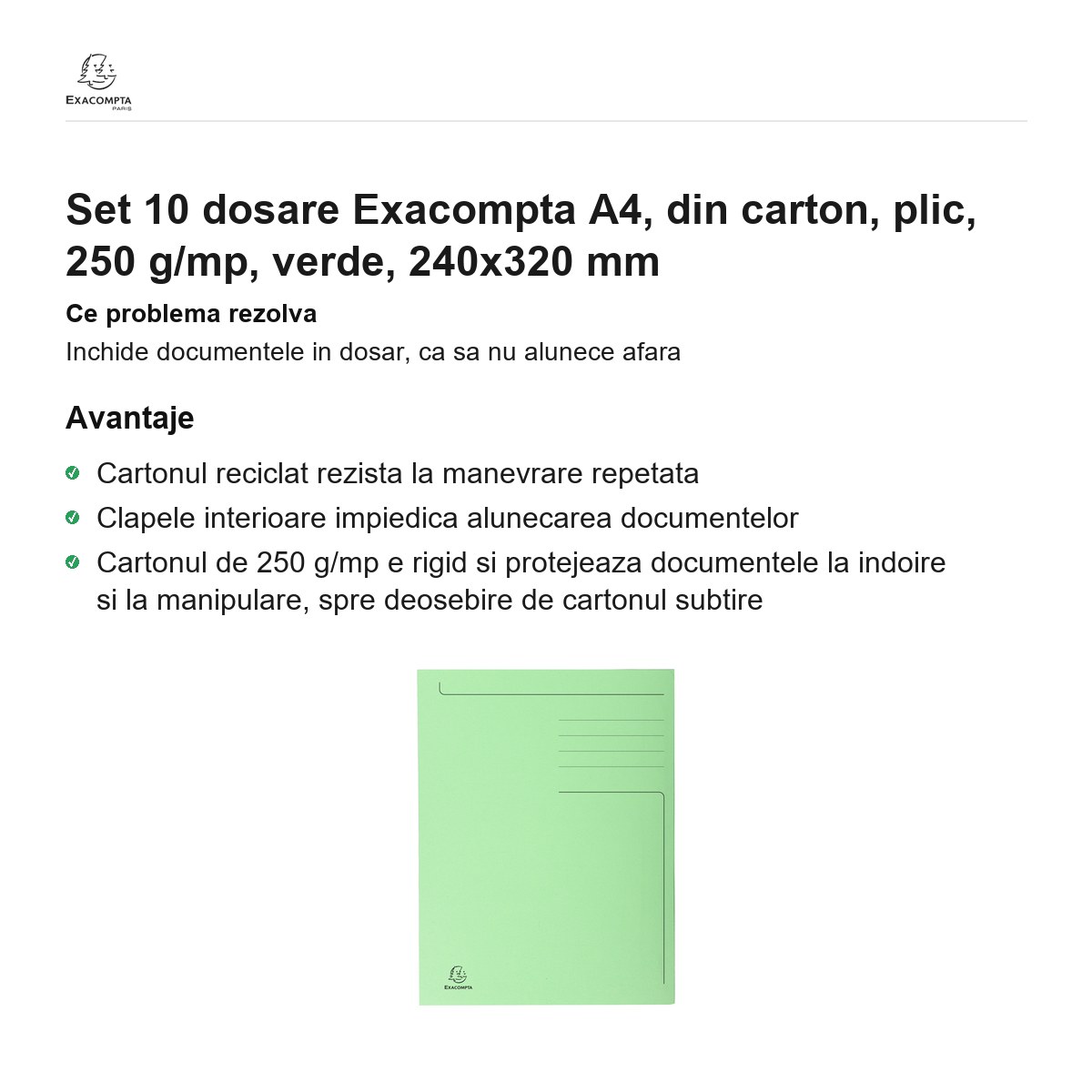 Set 10 dosare Exacompta A4, din carton, plic, 250 g/mp, verde, 240x320 mm [1]