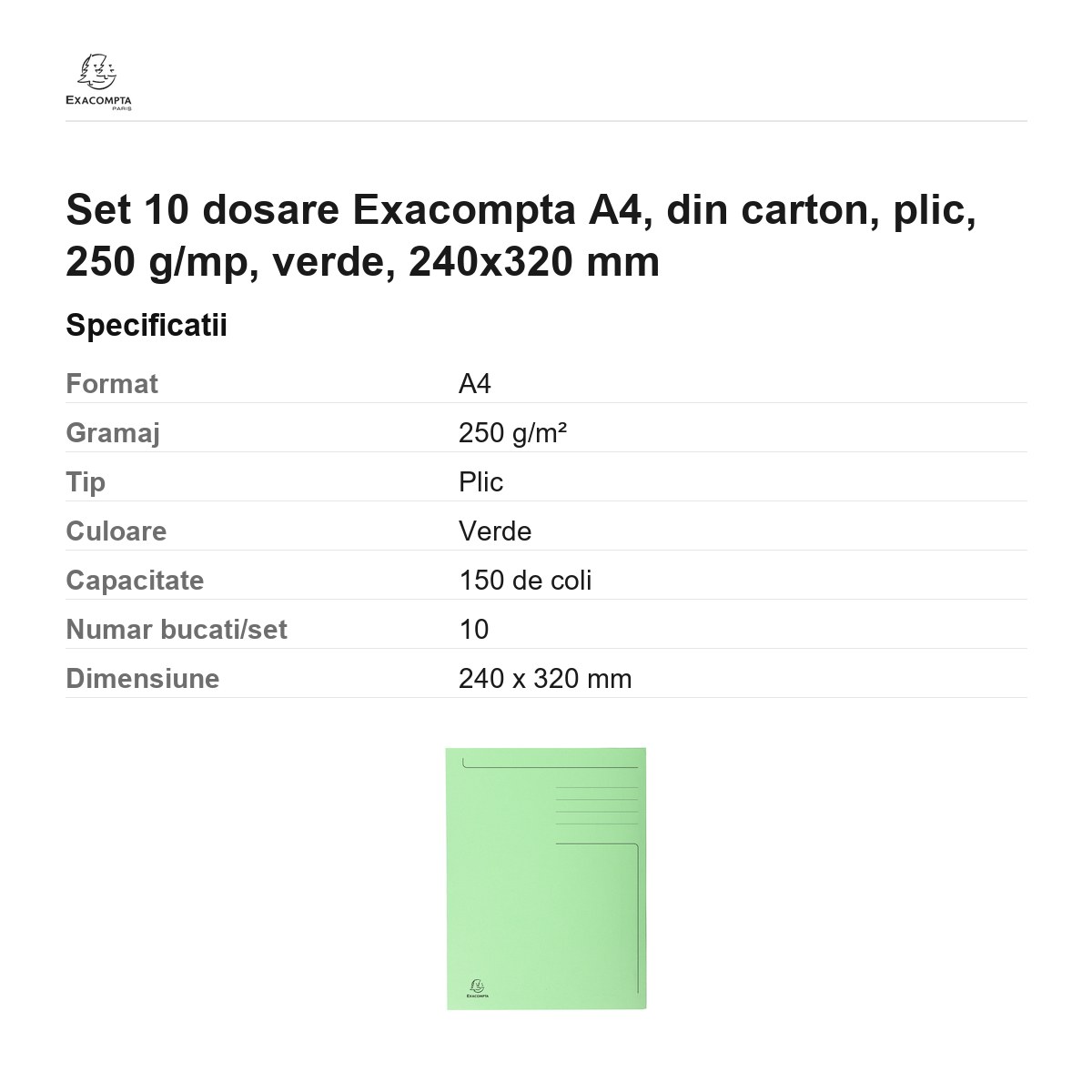 Set 10 dosare Exacompta A4, din carton, plic, 250 g/mp, verde, 240x320 mm [2]