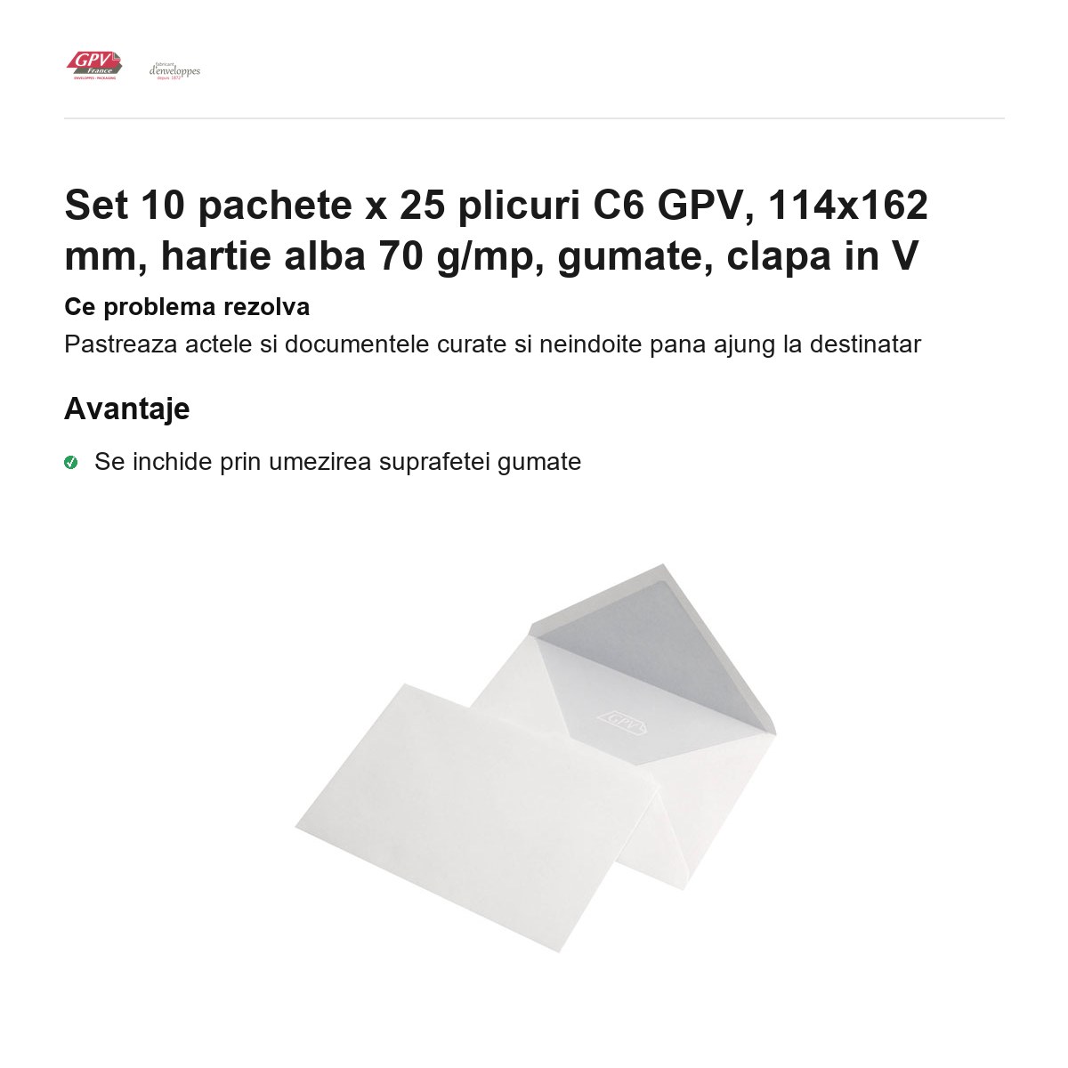 Set 10 pachete x 25 plicuri C6 GPV, 114x162 mm, hartie alba 70 g/mp, gumate, clapa in V [1]