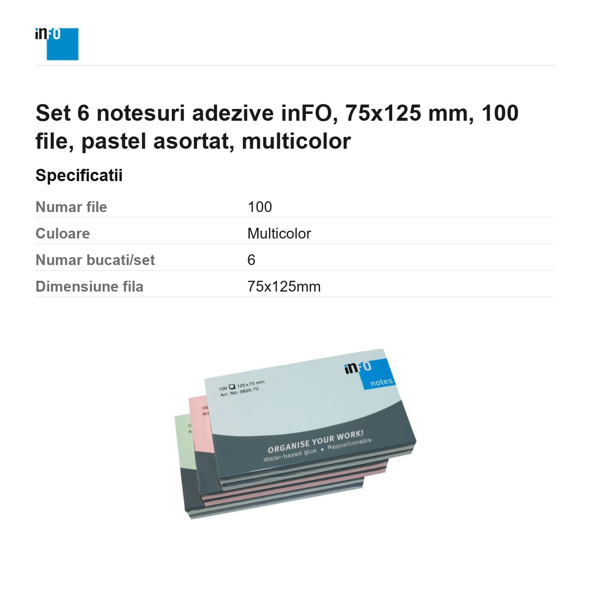 Set 6 notesuri adezive inFO, 75x125 mm, 100 file, pastel asortat, multicolor [2]