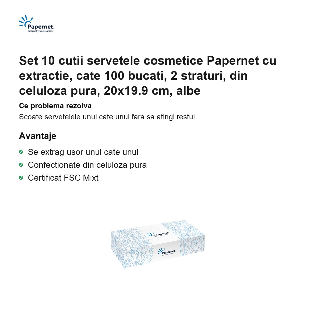 Set 10 cutii servetele cosmetice Papernet cu extractie, cate 100 bucati, 2 straturi, din celuloza pura, 20x19.9 cm, albe [1]