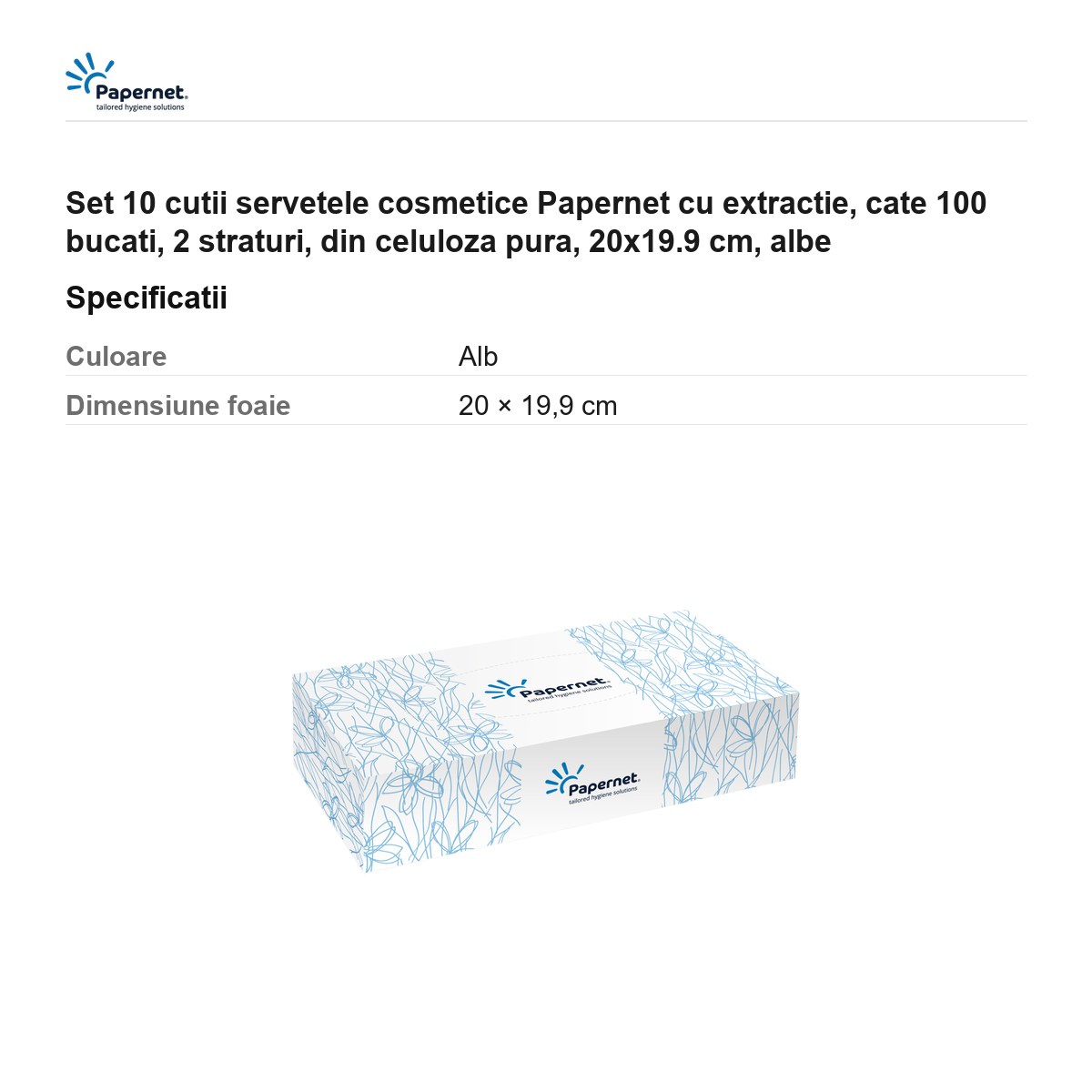 Set 10 cutii servetele cosmetice Papernet cu extractie, cate 100 bucati, 2 straturi, din celuloza pura, 20x19.9 cm, albe [2]