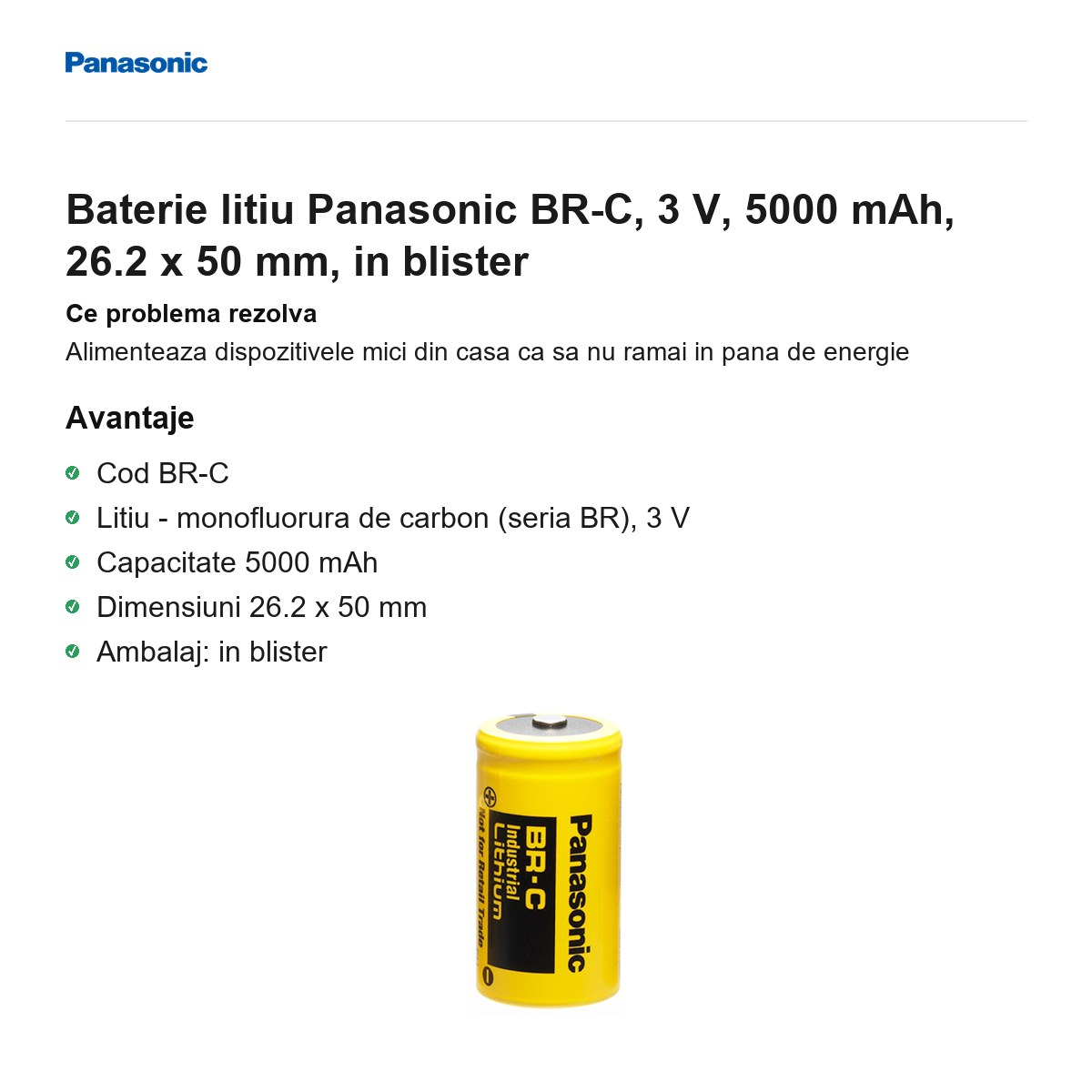 Baterie litiu Panasonic BR-C, 3 V, 5000 mAh, 26.2 x 50 mm, in blister [1]