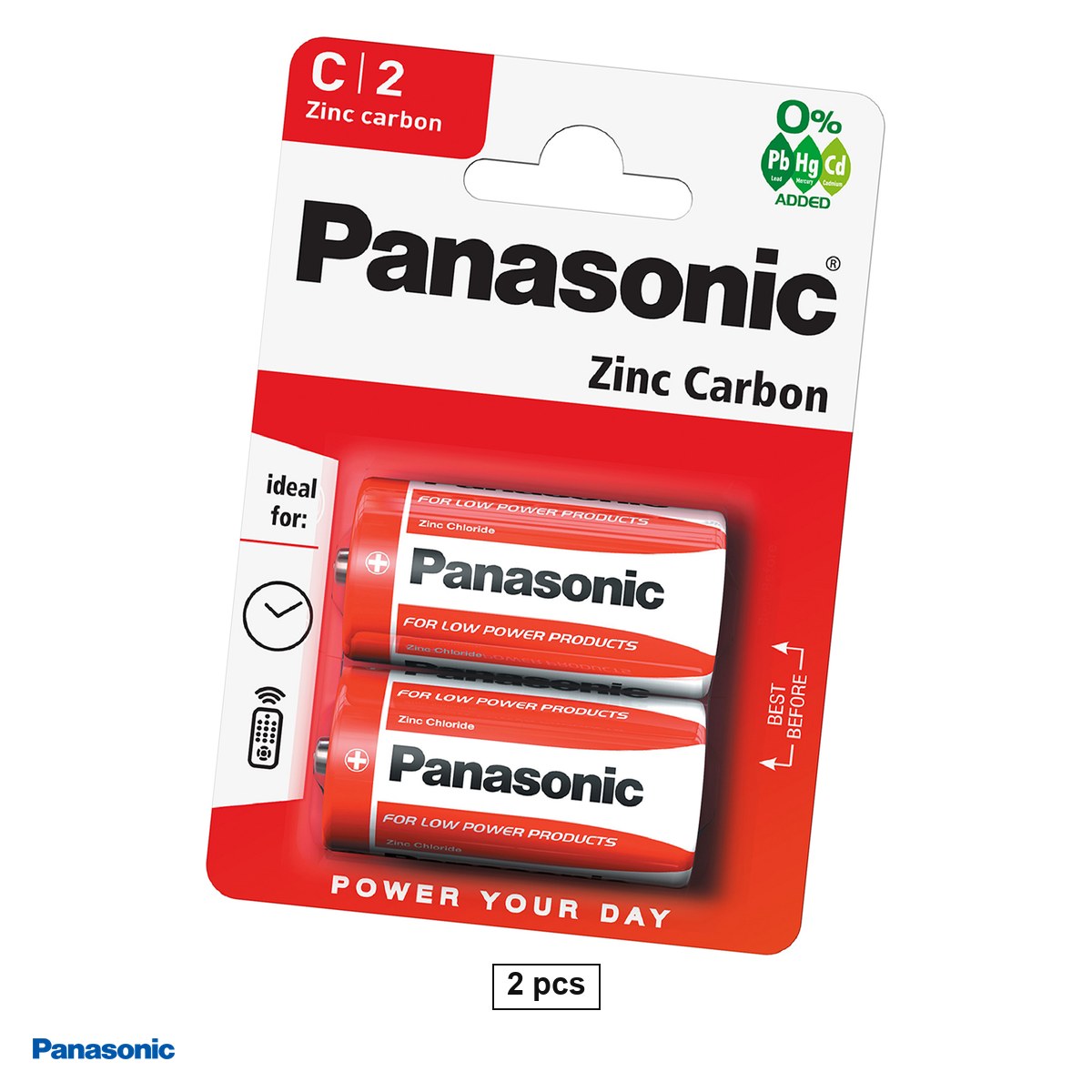Baterii Heavy Duty R14 - Set 2 baterii zinc carbon Panasonic C R14, 1.5 V, 26.2 x 50 mm, in blister
