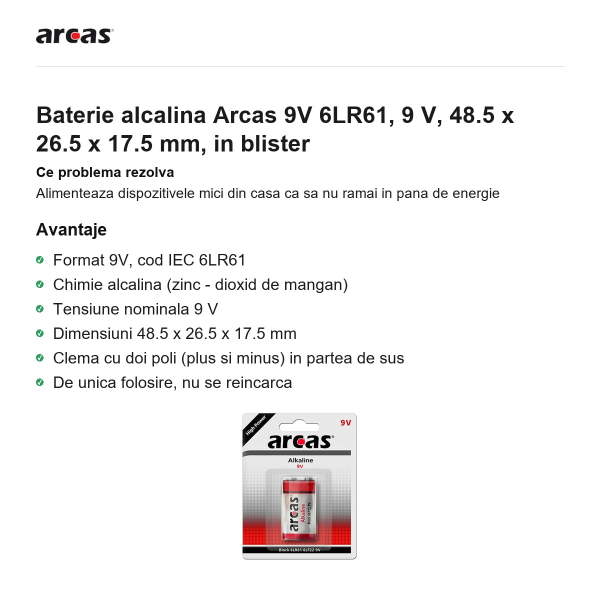 Baterie alcalina Arcas 9V 6LR61, 9 V, 48.5 x 26.5 x 17.5 mm, in blister [1]