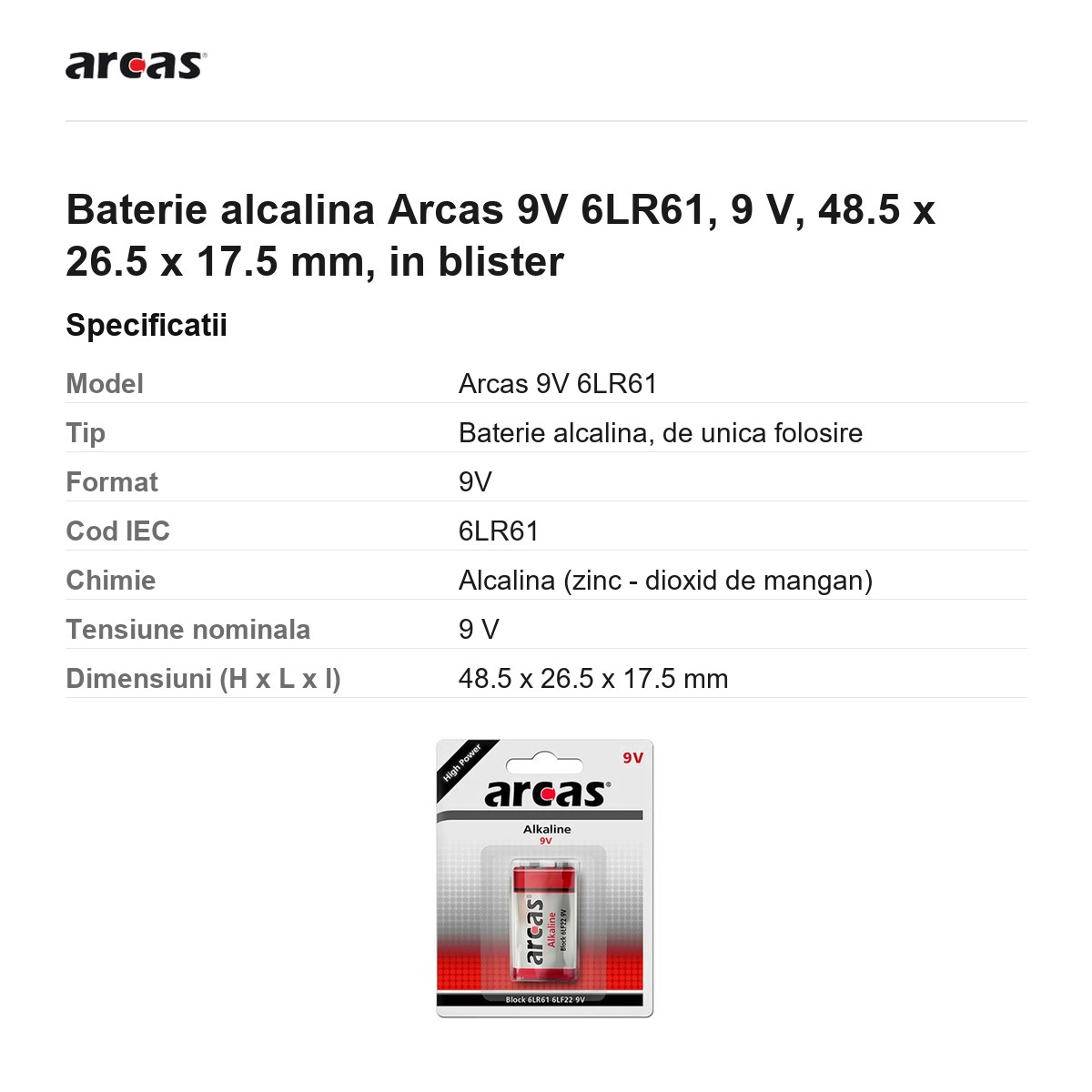 Baterie alcalina Arcas 9V 6LR61, 9 V, 48.5 x 26.5 x 17.5 mm, in blister [2]