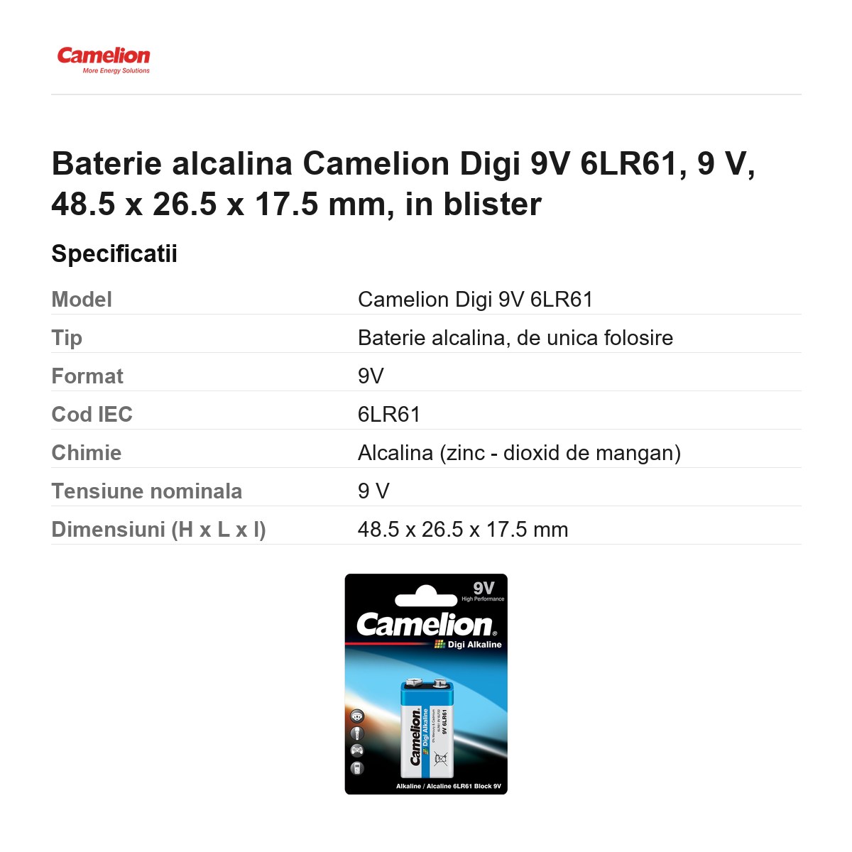 Baterie alcalina Camelion Digi 9V 6LR61, 9 V, 48.5 x 26.5 x 17.5 mm, in blister [2]