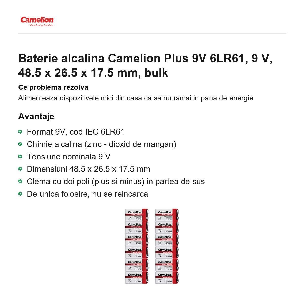 Baterie alcalina Camelion Plus 9V 6LR61, 9 V, 48.5 x 26.5 x 17.5 mm, bulk [1]
