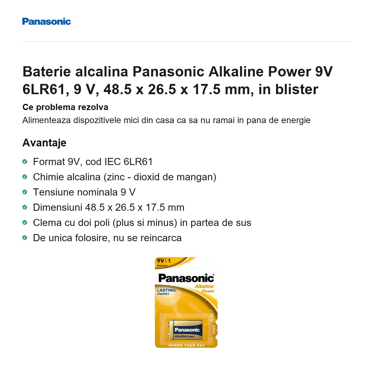 Baterie alcalina Panasonic Alkaline Power 9V 6LR61, 9 V, 48.5 x 26.5 x 17.5 mm, in blister [1]