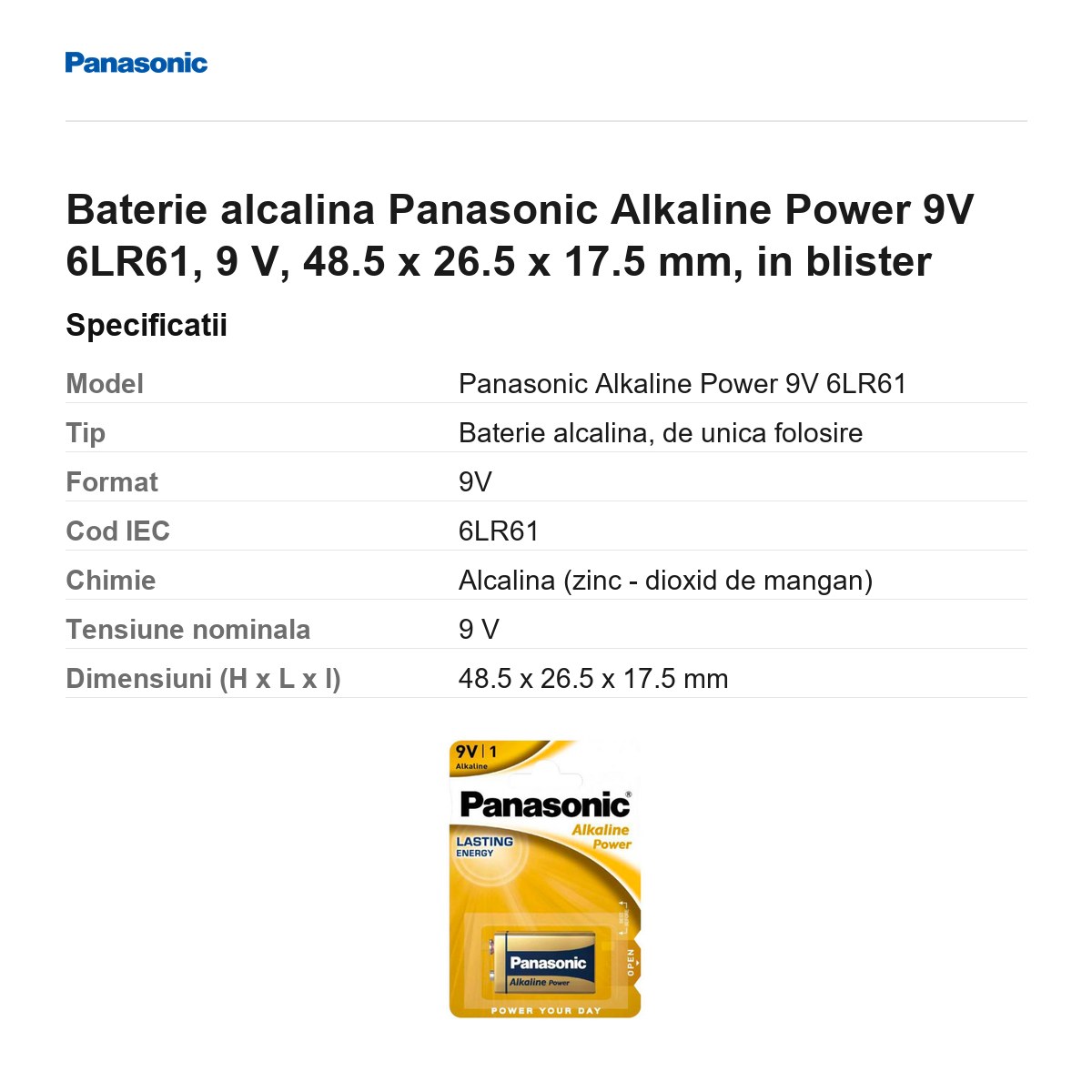 Baterie alcalina Panasonic Alkaline Power 9V 6LR61, 9 V, 48.5 x 26.5 x 17.5 mm, in blister [2]