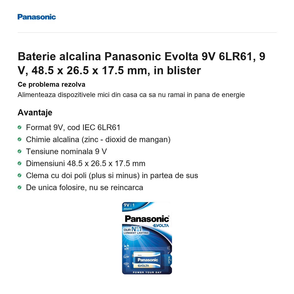 Baterie alcalina Panasonic Evolta 9V 6LR61, 9 V, 48.5 x 26.5 x 17.5 mm, in blister [1]