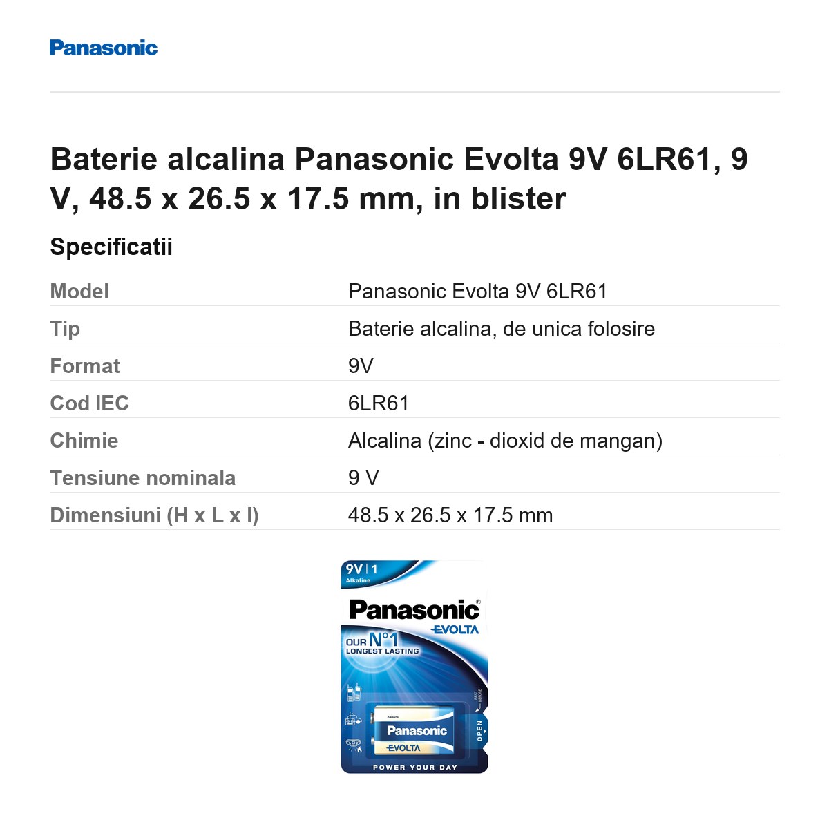Baterie alcalina Panasonic Evolta 9V 6LR61, 9 V, 48.5 x 26.5 x 17.5 mm, in blister [2]