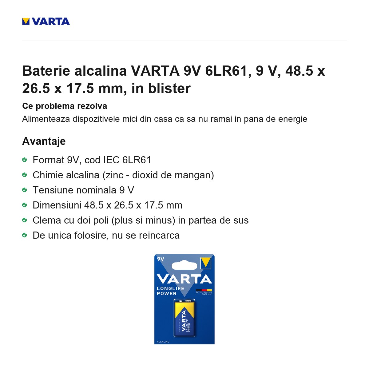 Baterie alcalina VARTA 9V 6LR61, 9 V, 48.5 x 26.5 x 17.5 mm, in blister [1]