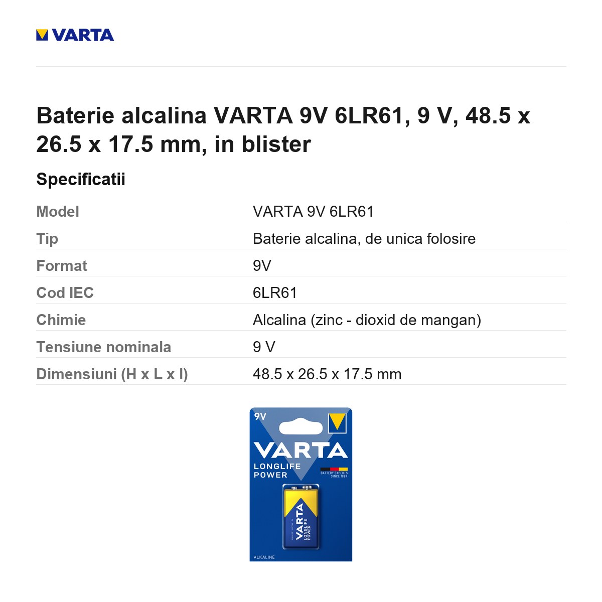 Baterie alcalina VARTA 9V 6LR61, 9 V, 48.5 x 26.5 x 17.5 mm, in blister [2]