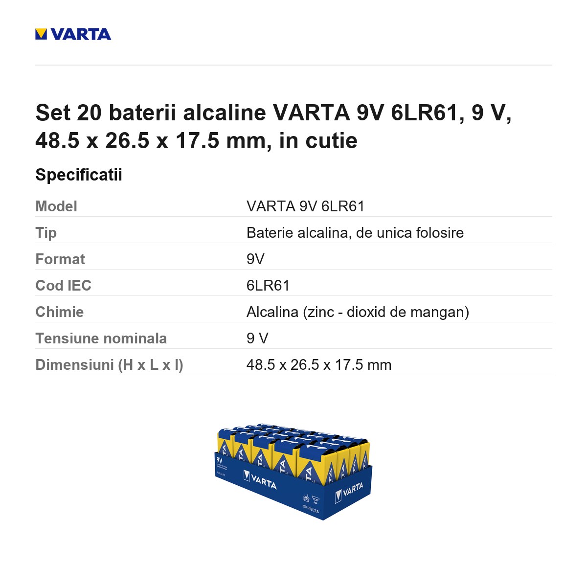 Set 20 baterii alcaline VARTA 9V 6LR61, 9 V, 48.5 x 26.5 x 17.5 mm, in cutie [2]