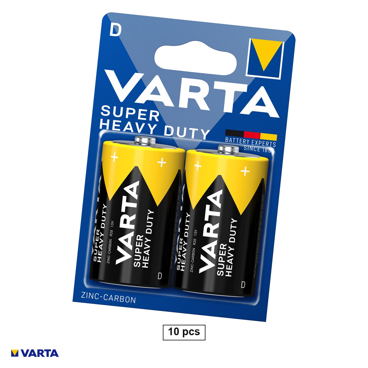 Baterii Heavy Duty R20 - Set 10 baterii zinc carbon VARTA Super Heavy Duty D R20, 1.5 V, 34.2 x 61.5 mm, 5 blistere a cate 2 bucati