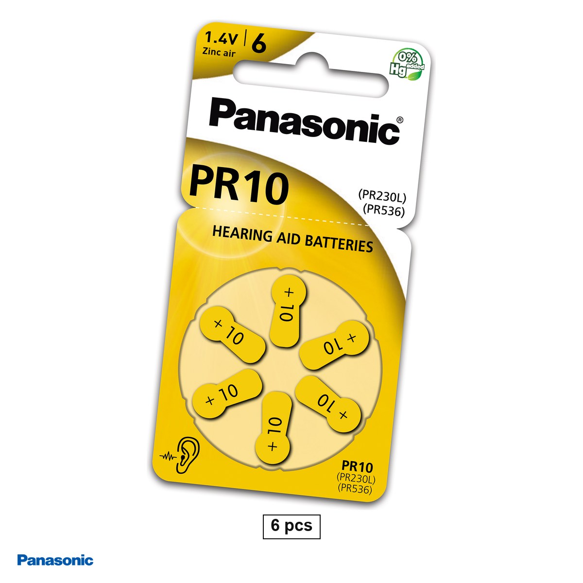 Baterii aparate auditive - Set 6 baterii zinc aer pentru aparate auditive Panasonic 10 PR70, 1.4 V, 100 mAh, 5.8 x 3.6 mm, in blister