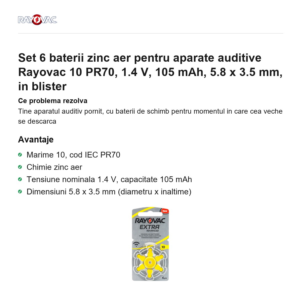 Set 6 baterii zinc aer pentru aparate auditive Rayovac 10 PR70, 1.4 V, 105 mAh, 5.8 x 3.5 mm, in blister [1]