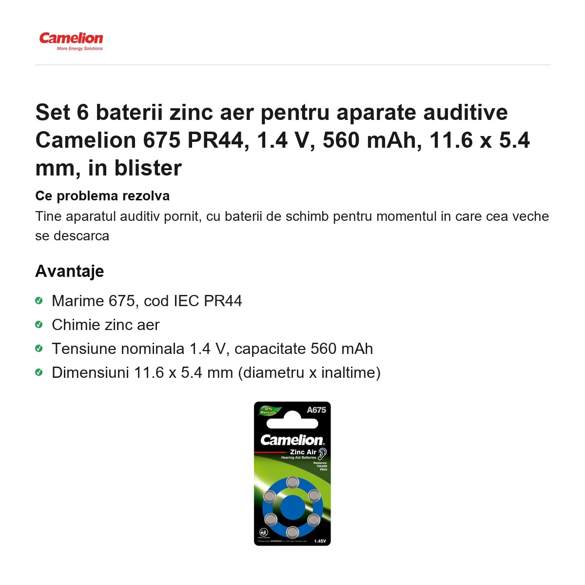 Set 6 baterii zinc aer pentru aparate auditive Camelion 675 PR44, 1.4 V, 560 mAh, 11.6 x 5.4 mm, in blister [1]