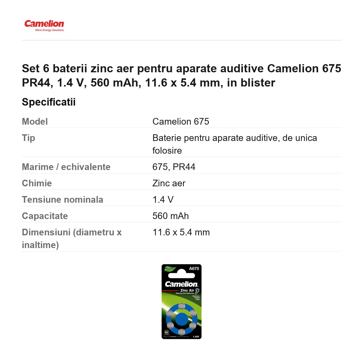 Set 6 baterii zinc aer pentru aparate auditive Camelion 675 PR44, 1.4 V, 560 mAh, 11.6 x 5.4 mm, in blister [2]