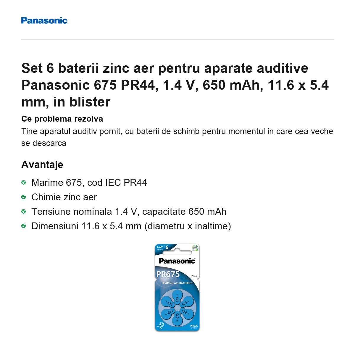 Set 6 baterii zinc aer pentru aparate auditive Panasonic 675 PR44, 1.4 V, 650 mAh, 11.6 x 5.4 mm, in blister [1]