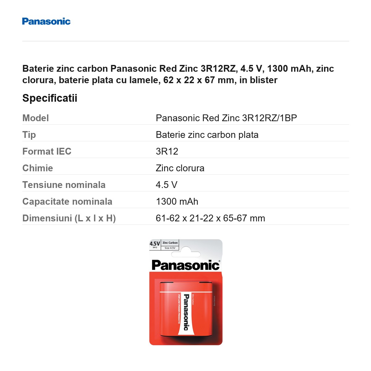 Baterie zinc carbon Panasonic Red Zinc 3R12RZ, 4.5 V, 1300 mAh, zinc clorura, baterie plata cu lamele, 62 x 22 x 67 mm, in blister [2]