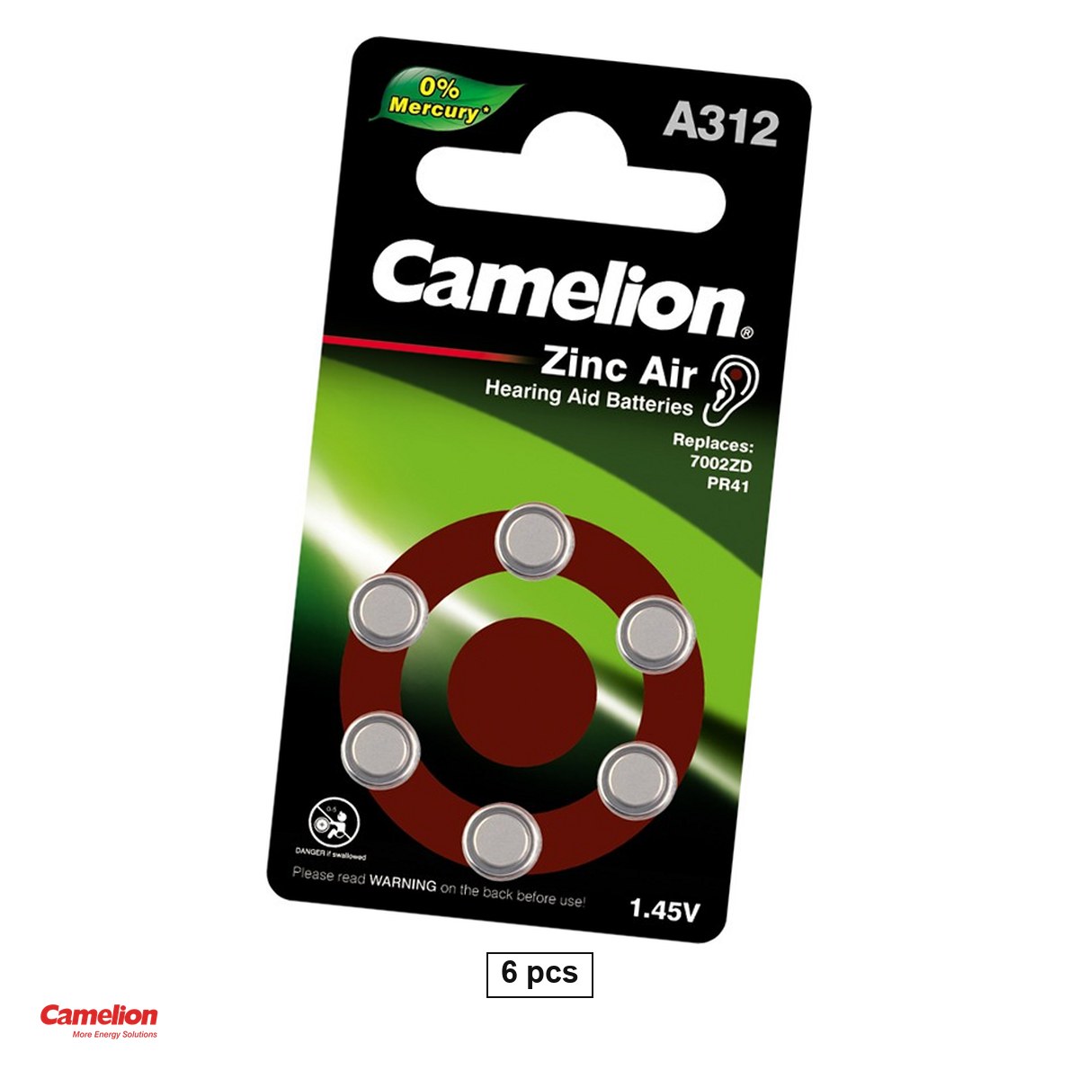Baterii aparate auditive - Set 6 baterii aparate auditive Camelion A312 ZA312, zinc aer, 1.4 V, 150 mAh, PR41, 7.9 x 3.6 mm, in blister