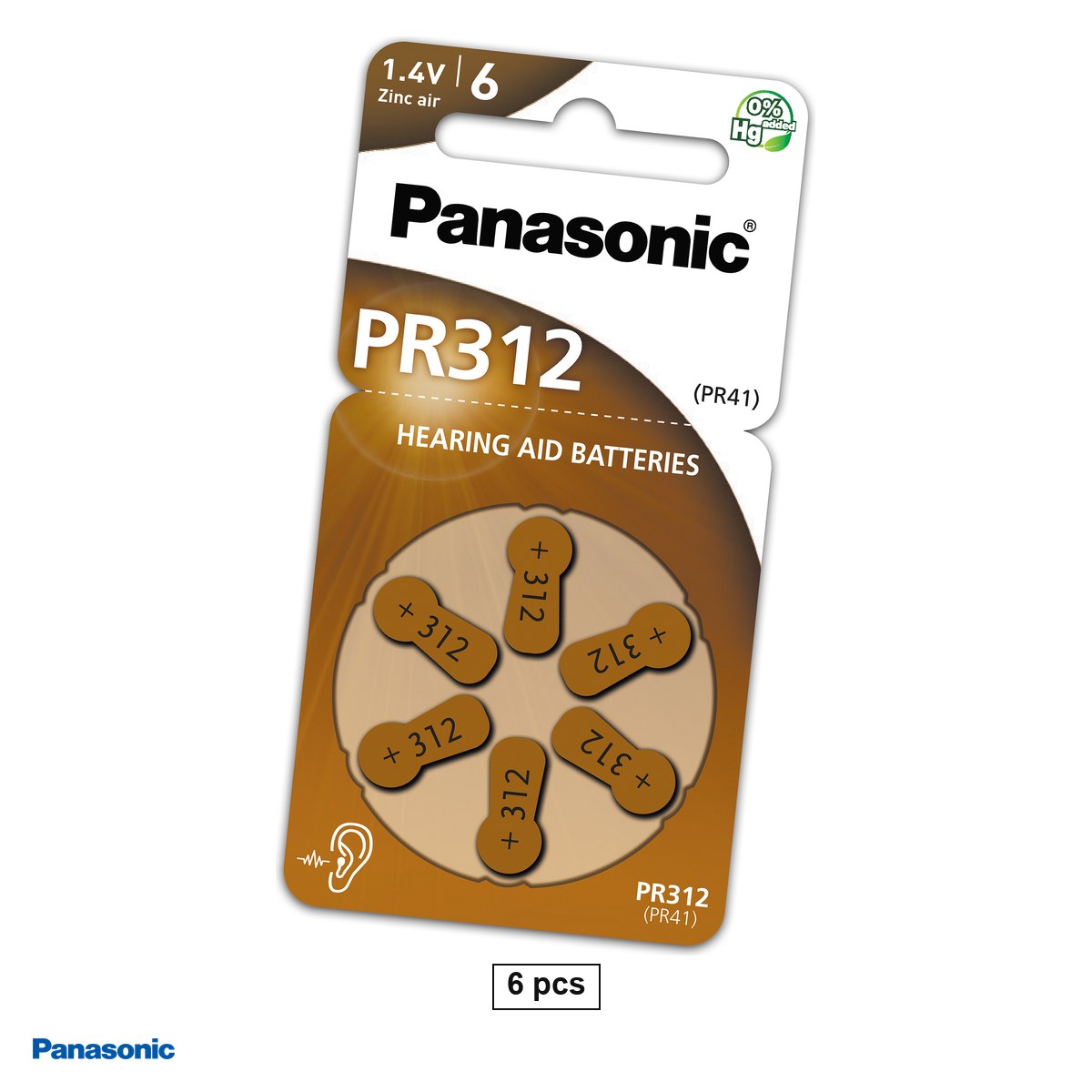 Baterii aparate auditive - Set 6 baterii aparate auditive Panasonic PR312 PR41, zinc aer, 1.4 V, 7.9 x 3.6 mm, in blister