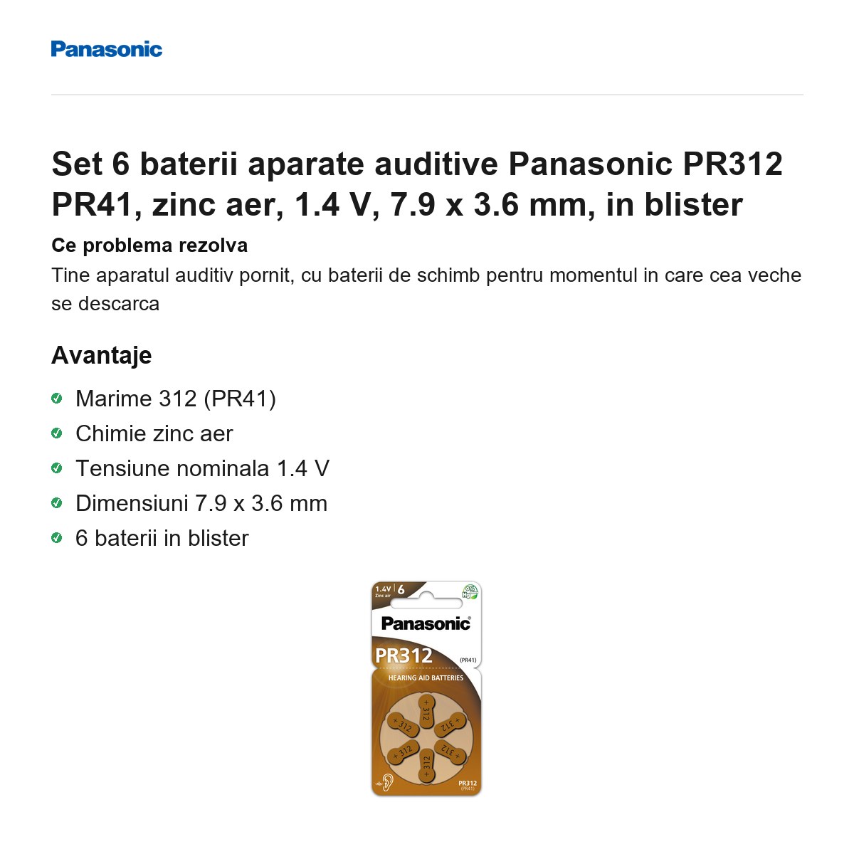 Set 6 baterii aparate auditive Panasonic PR312 PR41, zinc aer, 1.4 V, 7.9 x 3.6 mm, in blister [1]