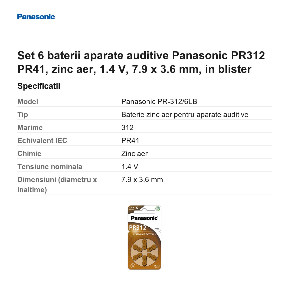Set 6 baterii aparate auditive Panasonic PR312 PR41, zinc aer, 1.4 V, 7.9 x 3.6 mm, in blister [2]
