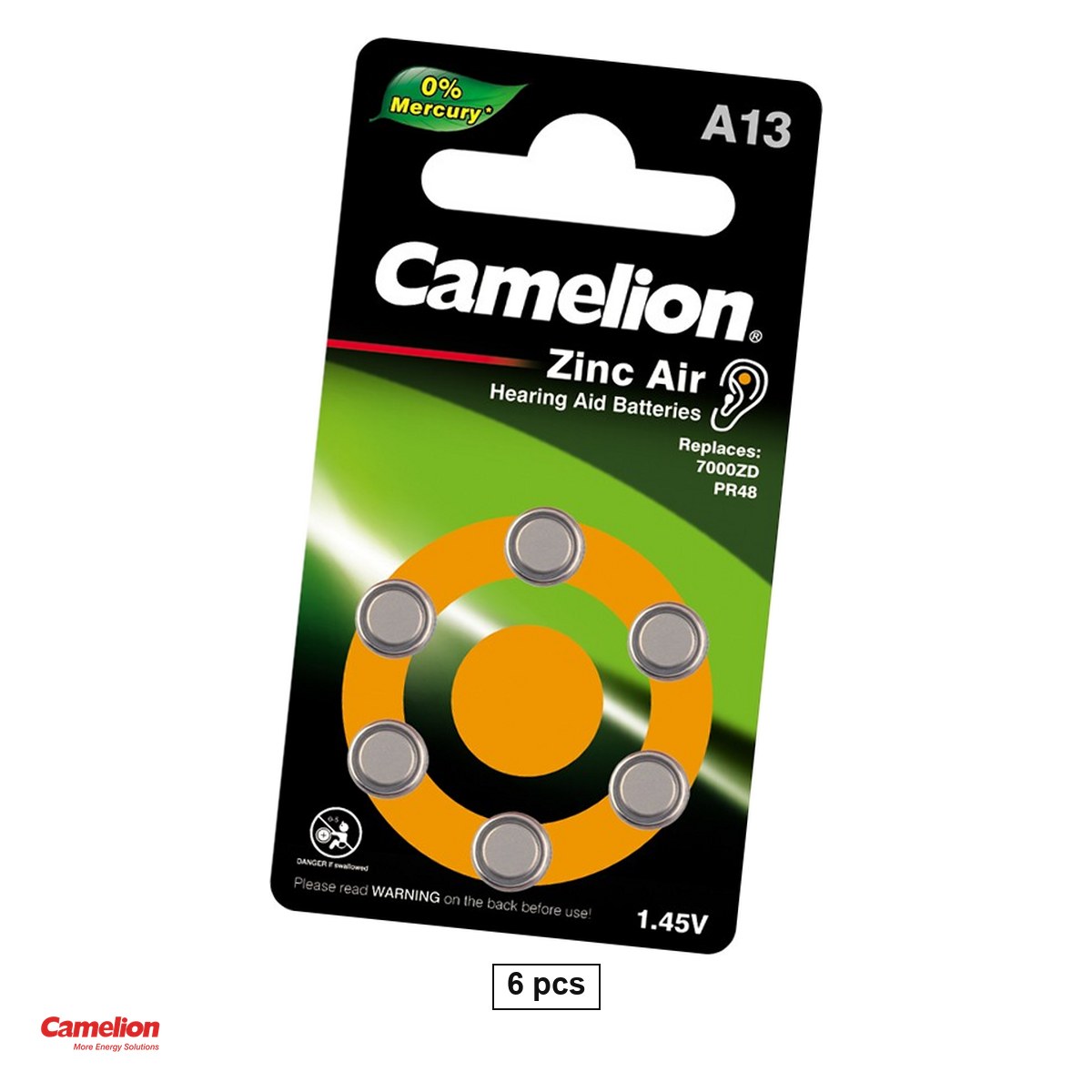 Baterii aparate auditive - Set 6 baterii aparate auditive Camelion A13 ZA13, zinc aer, 1.4 V, 250 mAh, PR48, 7.9 x 5.4 mm, in blister