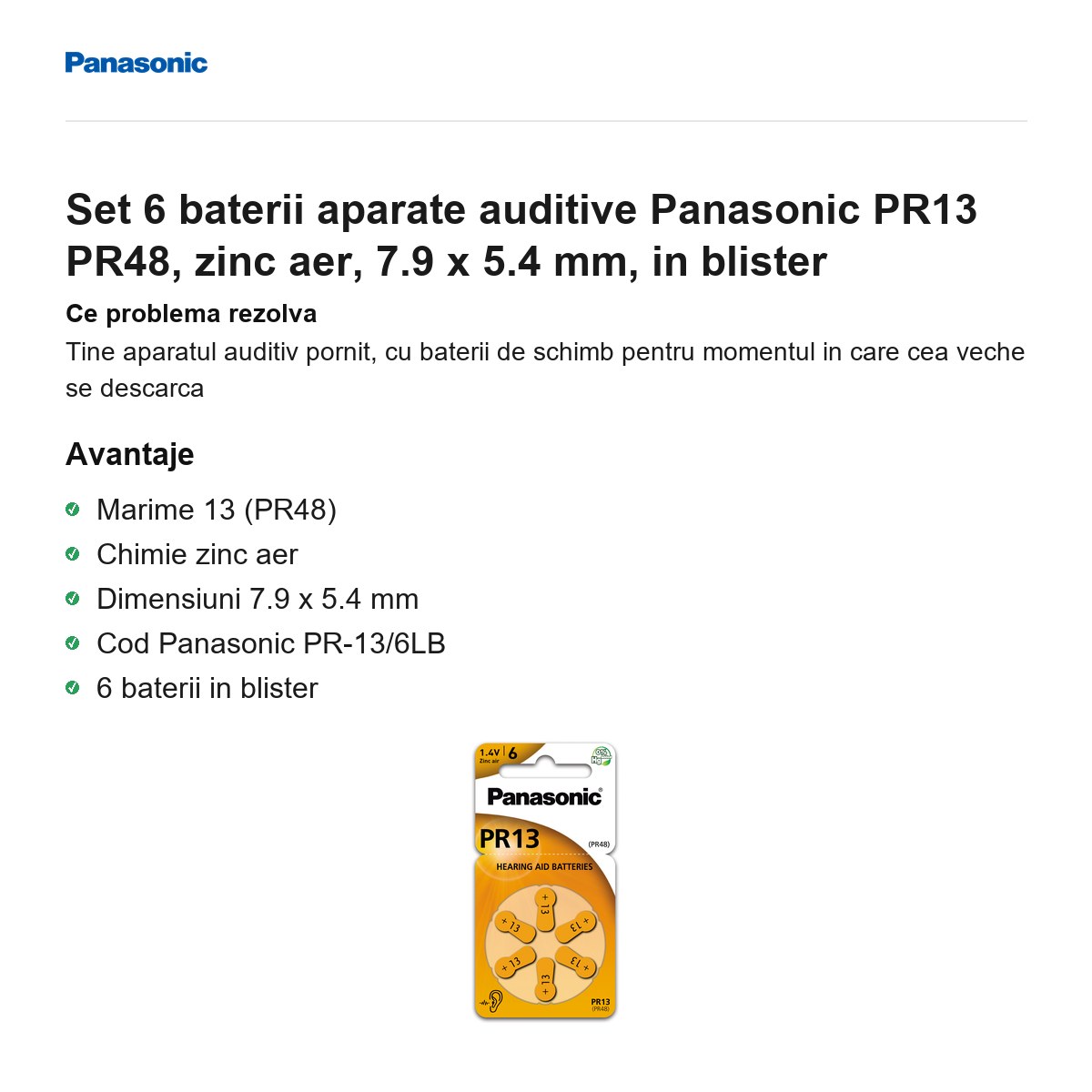 Set 6 baterii aparate auditive Panasonic PR13 PR48, zinc aer, 7.9 x 5.4 mm, in blister [1]