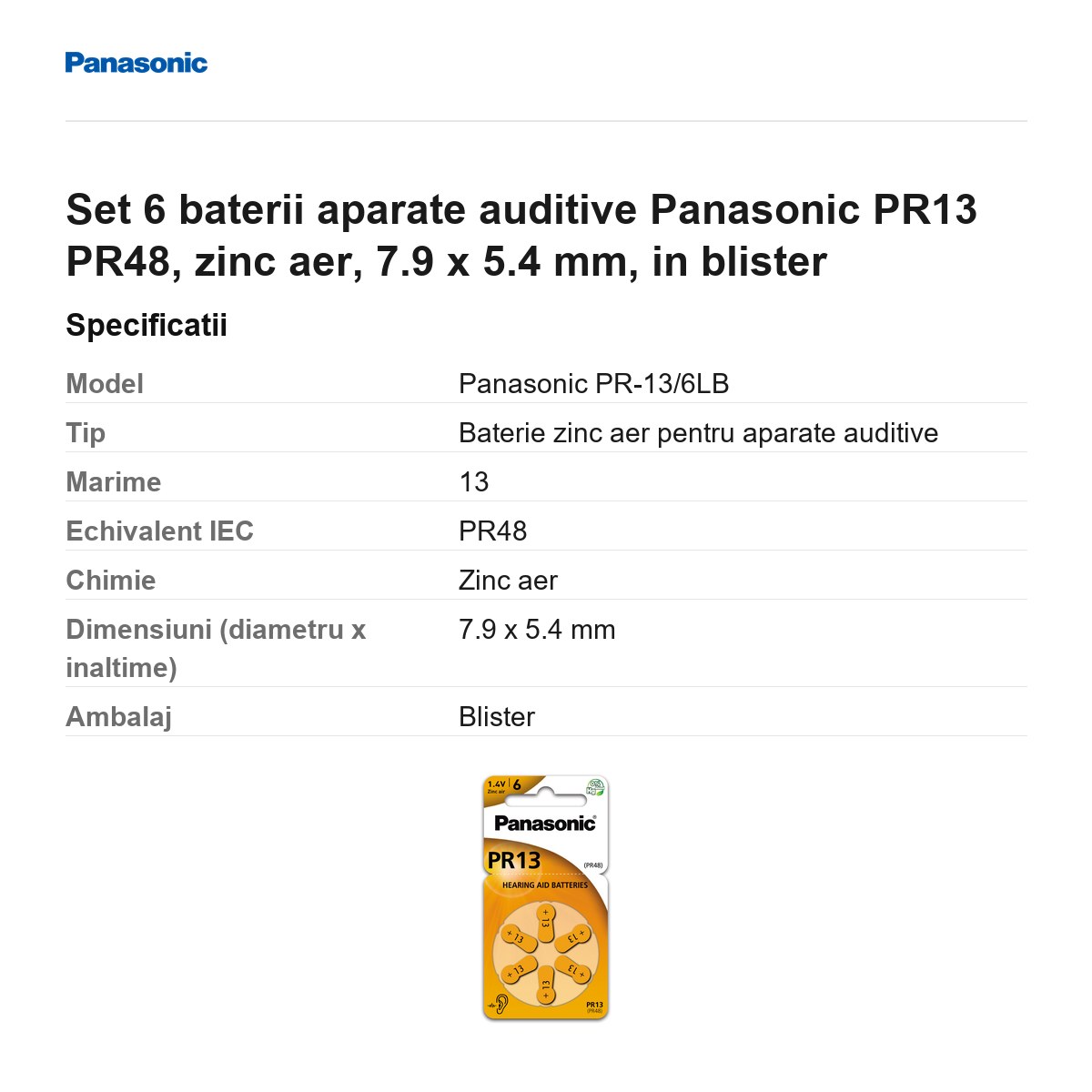 Set 6 baterii aparate auditive Panasonic PR13 PR48, zinc aer, 7.9 x 5.4 mm, in blister [2]