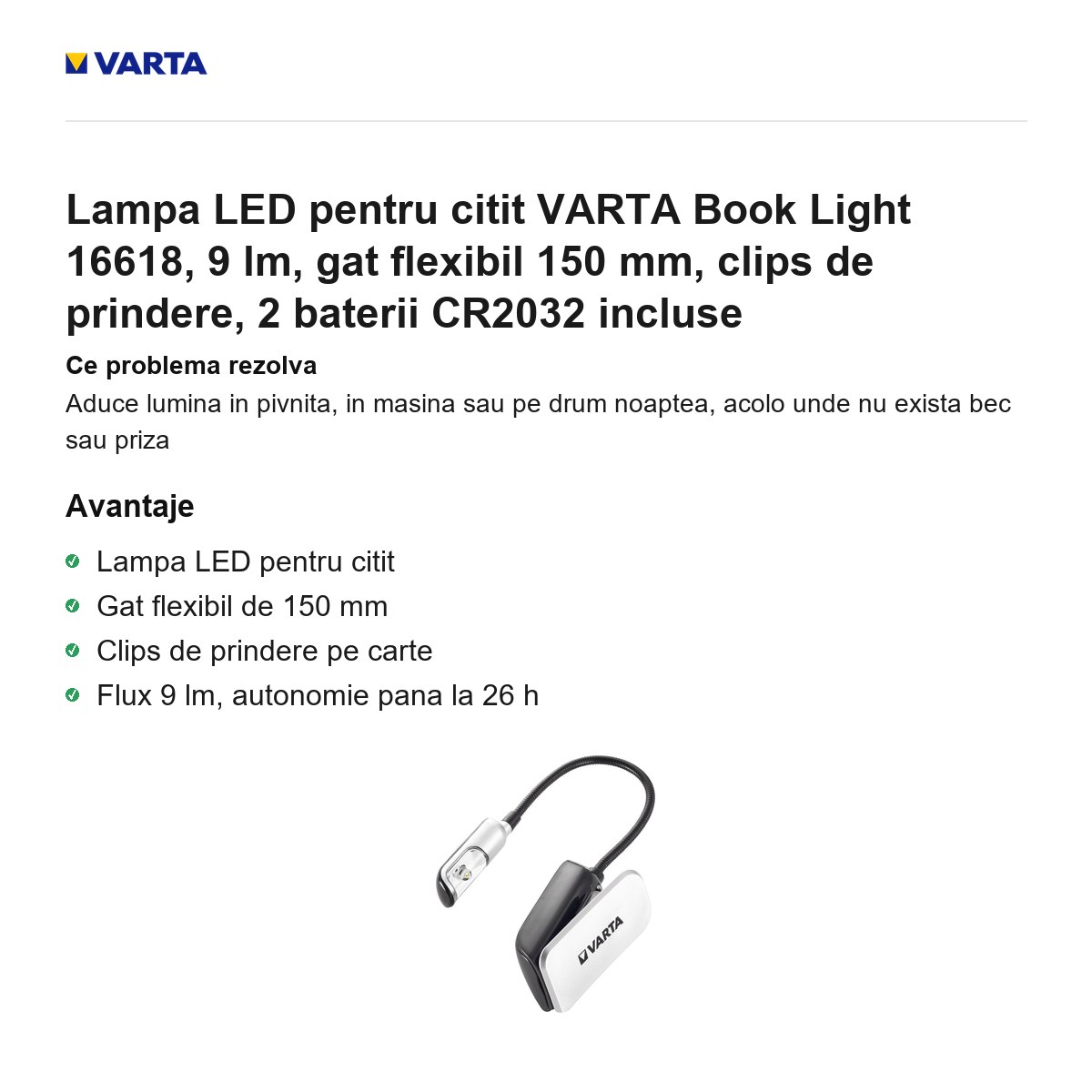 Lampa LED pentru citit VARTA Book Light 16618, 9 lm, gat flexibil 150 mm, clips de prindere, 2 baterii CR2032 incluse [1]