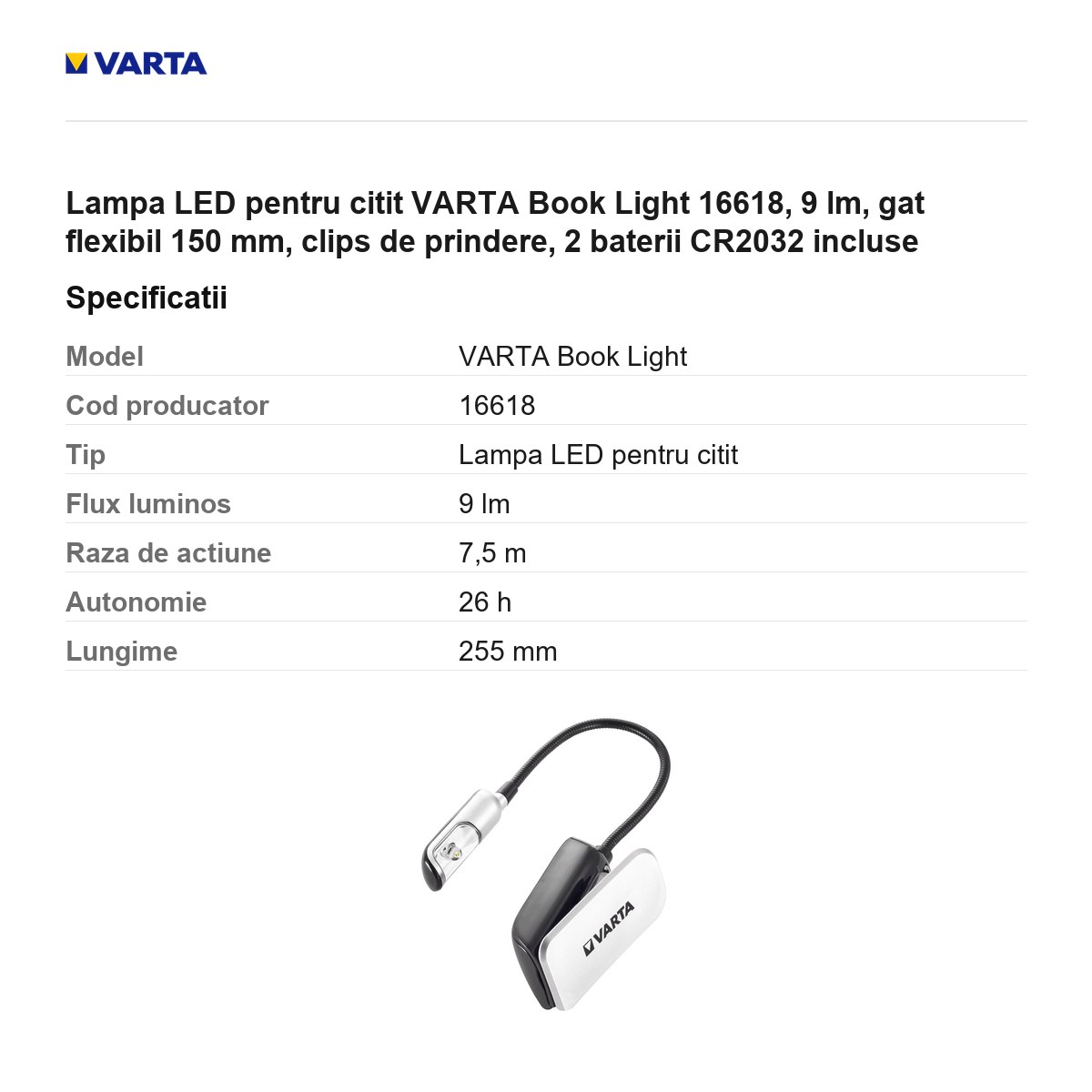Lampa LED pentru citit VARTA Book Light 16618, 9 lm, gat flexibil 150 mm, clips de prindere, 2 baterii CR2032 incluse [2]